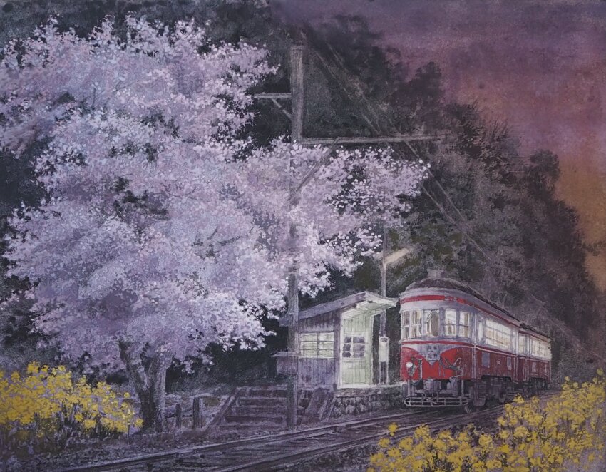 absurdres, bench, building, cherry_blossoms, commentary_request, evening, flower, gifu_prefecture