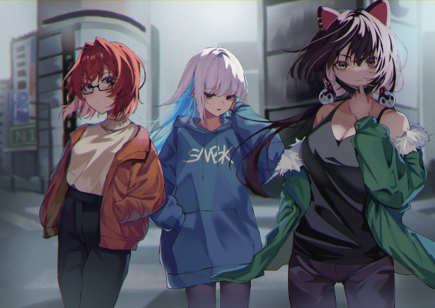 3girls, absurdres, akaneko_ken, alternate_costume, ange_katrina, animal_ear_piercing, animal_ears, animal_hair_ornament