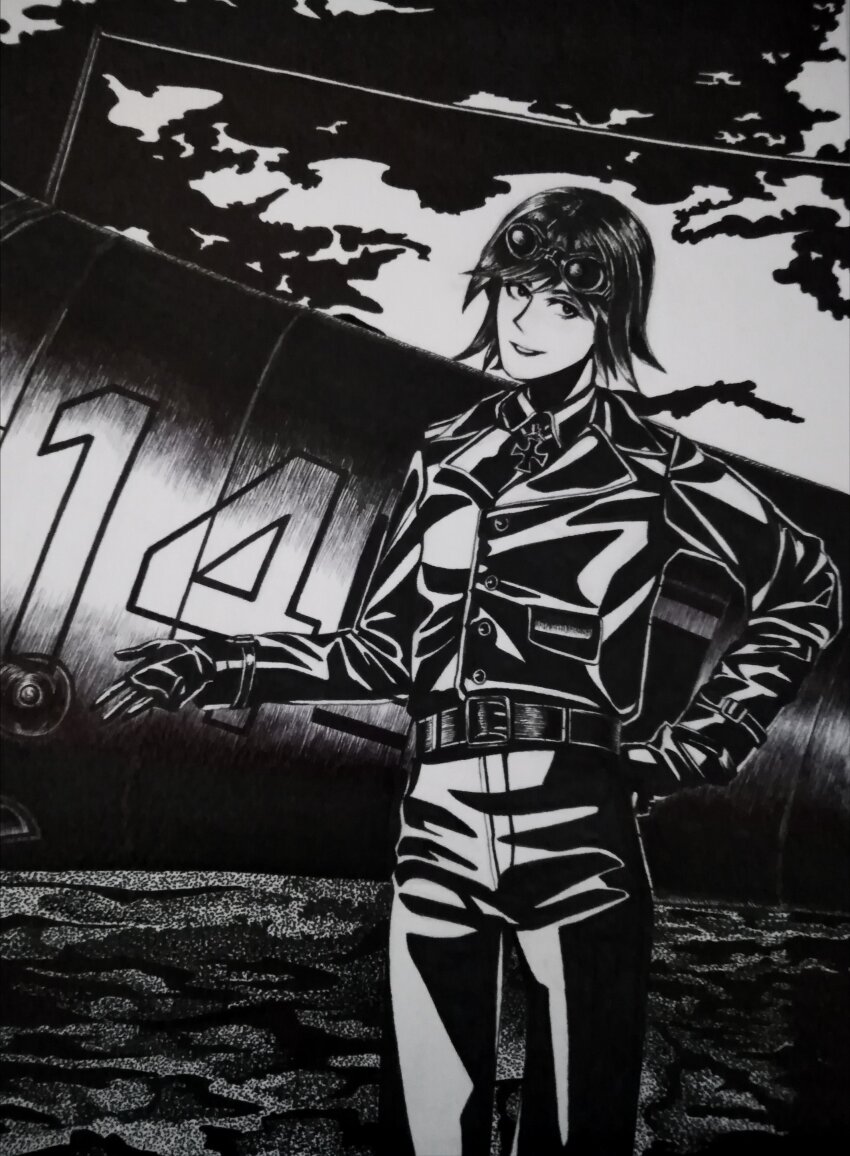 1girl, absurdres, aircraft, airplane, belt, black_gloves, black_hair, bordfunker133