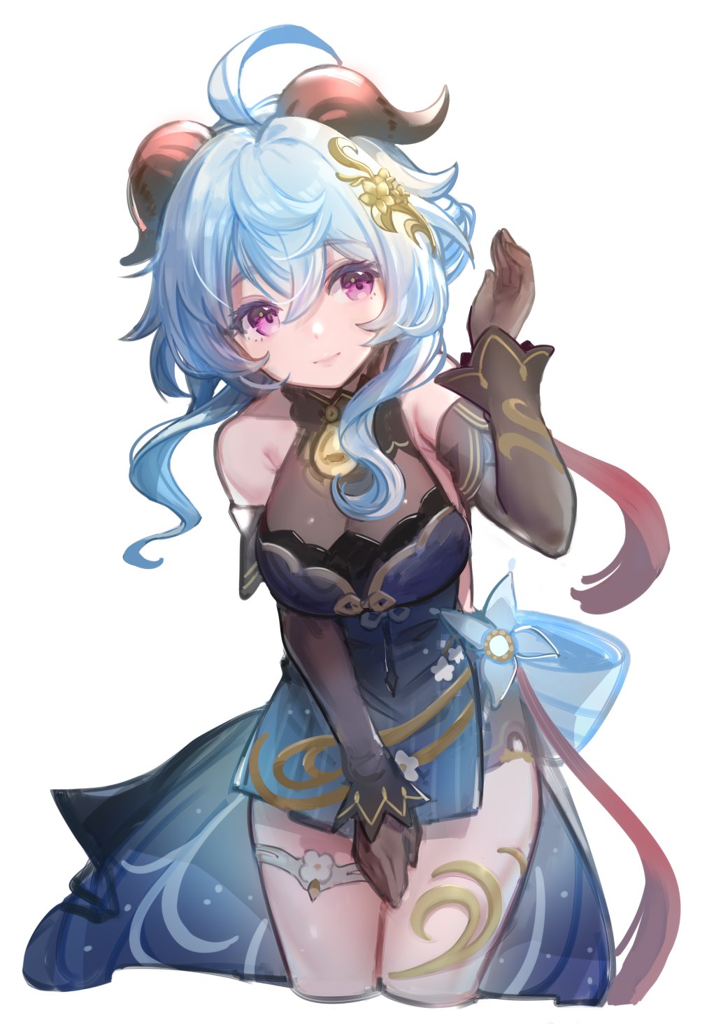 1girl, bare_shoulders, bell, black_dress, black_gloves, blue_dress, blue_hair, breasts