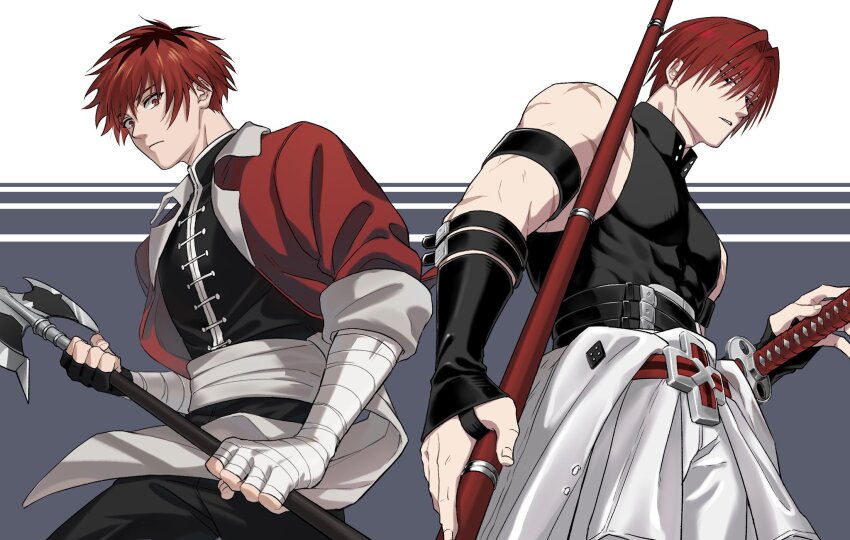 2boys, arm_belt, axe, bandaged_arm, bandages, battle_axe, belt, black_eyes