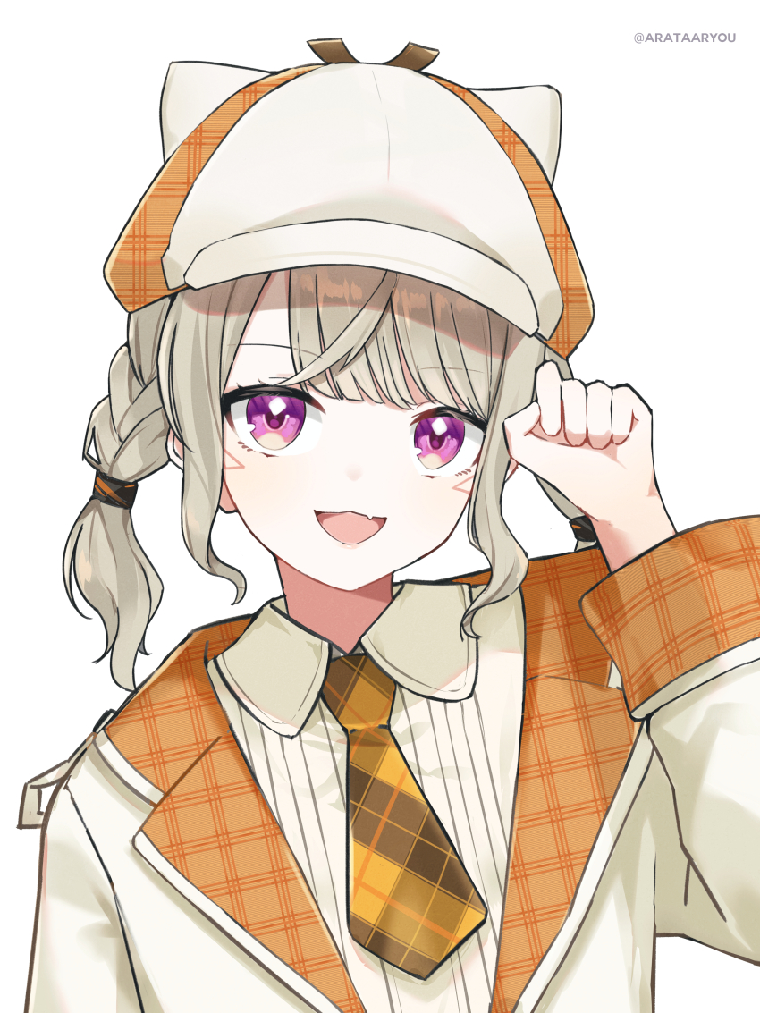 1girl, absurdres, animal_hat, arata_ryou, arm_up, artist_name, braid, cat_hat