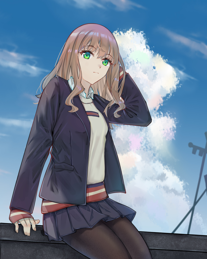 1girl, absurdres, black_jacket, black_pantyhose, black_skirt, blazer, blue_sky, blush