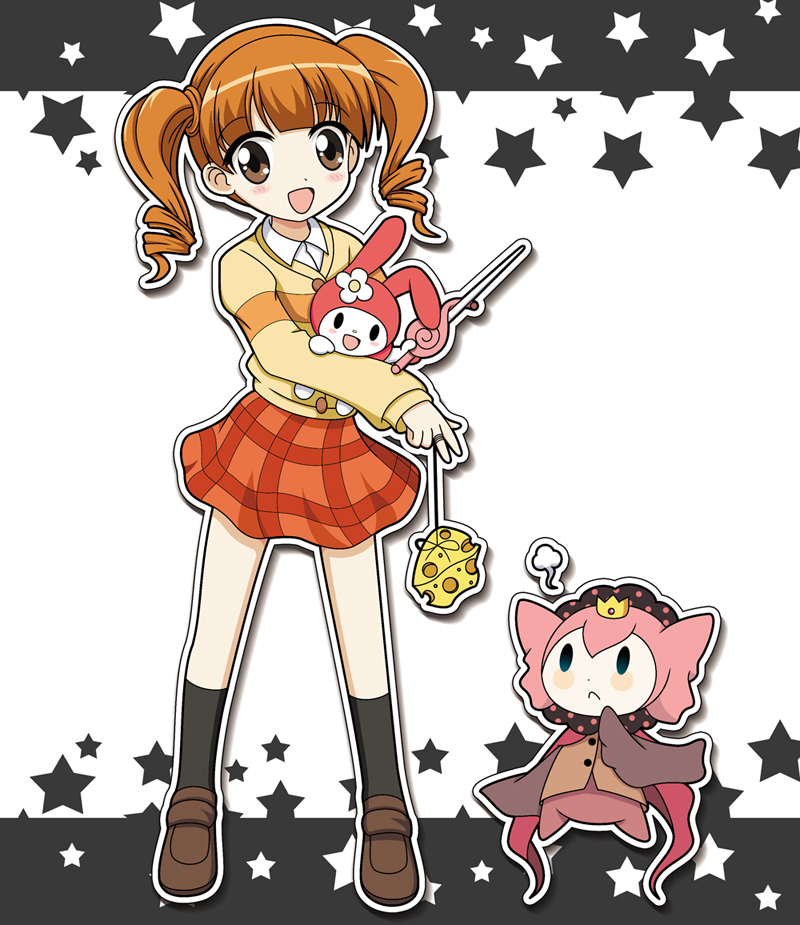 00s, 10s, brown_eyes, brown_hair, charlotte_(madoka_magica), cheese, crossover, food, mahou_shoujo_madoka_magica, mahou_shoujo_madoka_magica_(anime), my_melody, my_melody_(series), onegai_my_melody, rcoco01, sanrio, shaft_(company), twintails, yumeno_uta