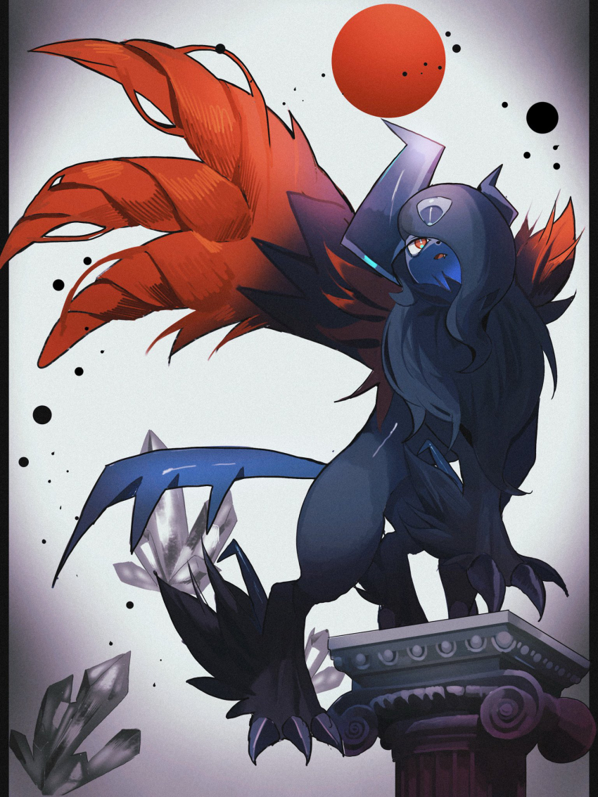 absol, animal_focus, asymmetrical_horns, black_fur, black_hair, body_fur, claws, column