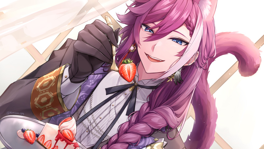 1boy, alternate_costume, animal_ears, artist_name, backlighting, banzoin_hakka, black_suit, blue_eyes