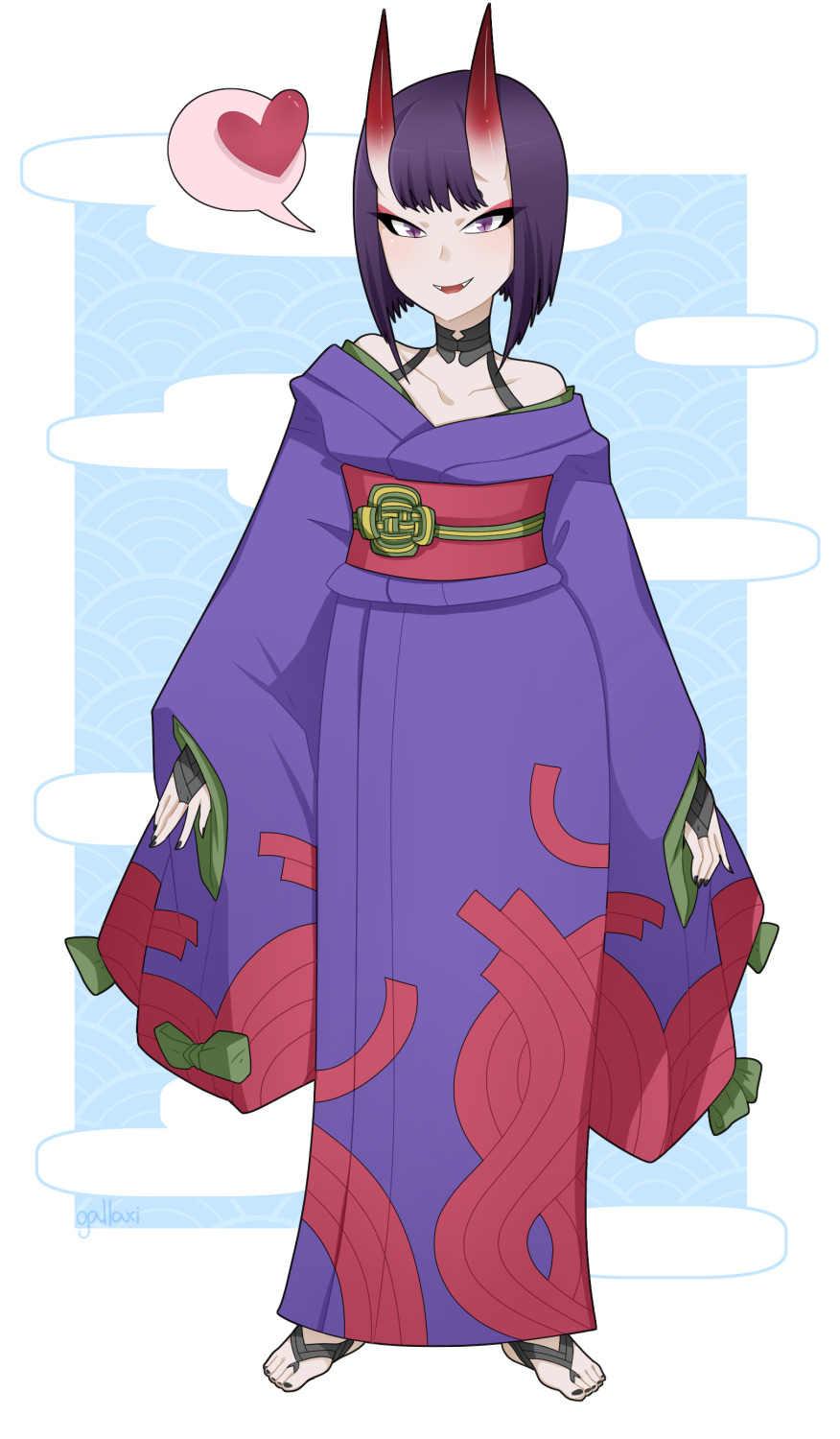 1girl, artist_name, bob_cut, cloud_background, fangs, fate/grand_order, fate_(series), full_body