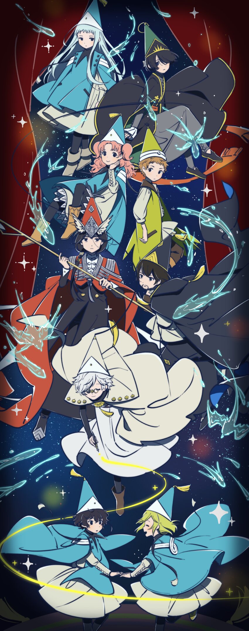 4boys, 4girls, absurdres, agott_arklaum_(tongari_boushi_no_atelier), black_hair, blonde_hair, blue_hair, brown_hair