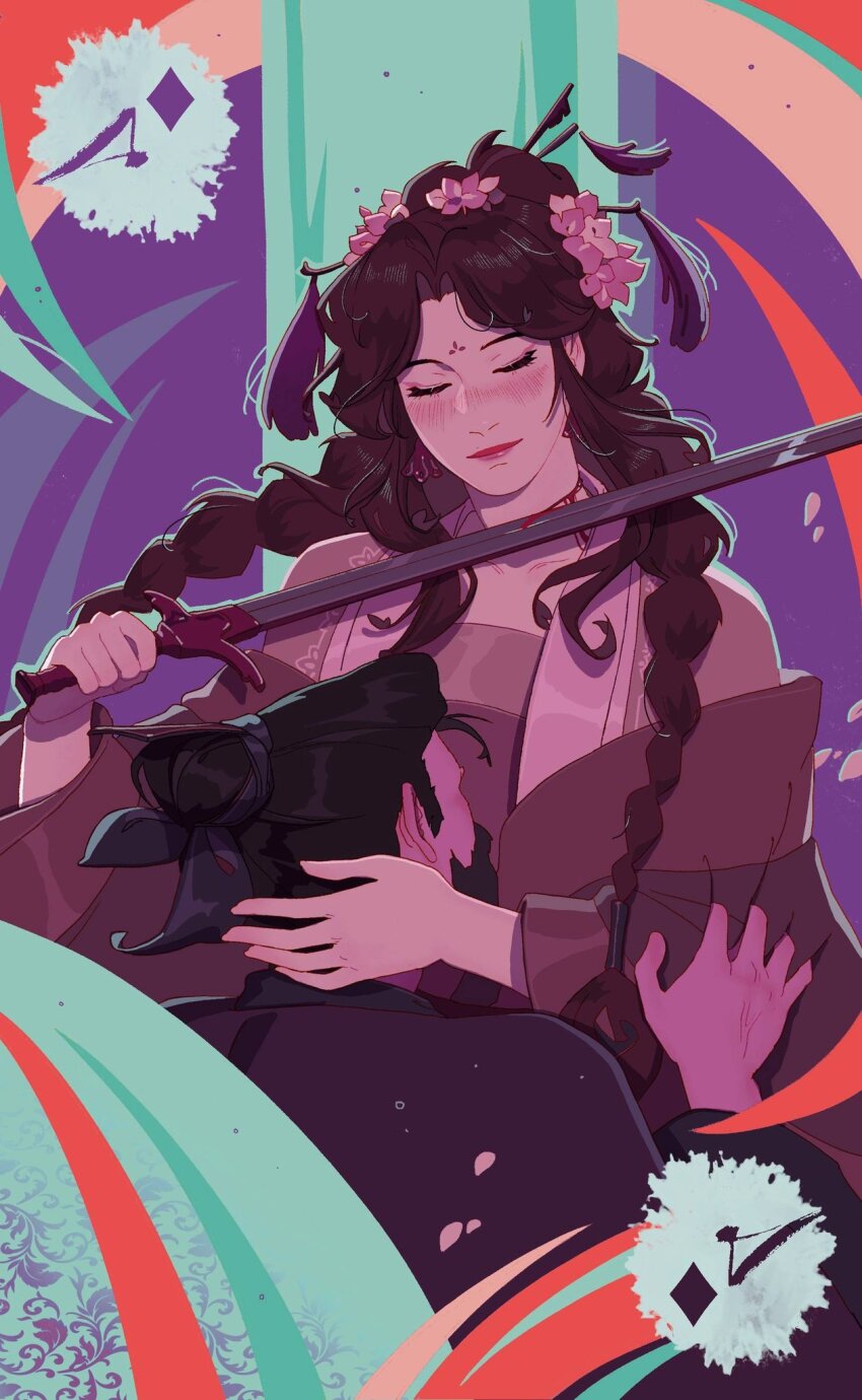 1boy, 1girl, abstract_background, amonimy, autodecapitation, between_breasts, black_hair, blade_to_throat