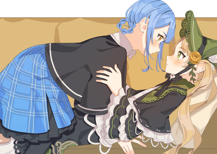 2girls, 55szt, black_dress, blonde_hair, blue_hair, blue_skirt, bonnet, closed_mouth