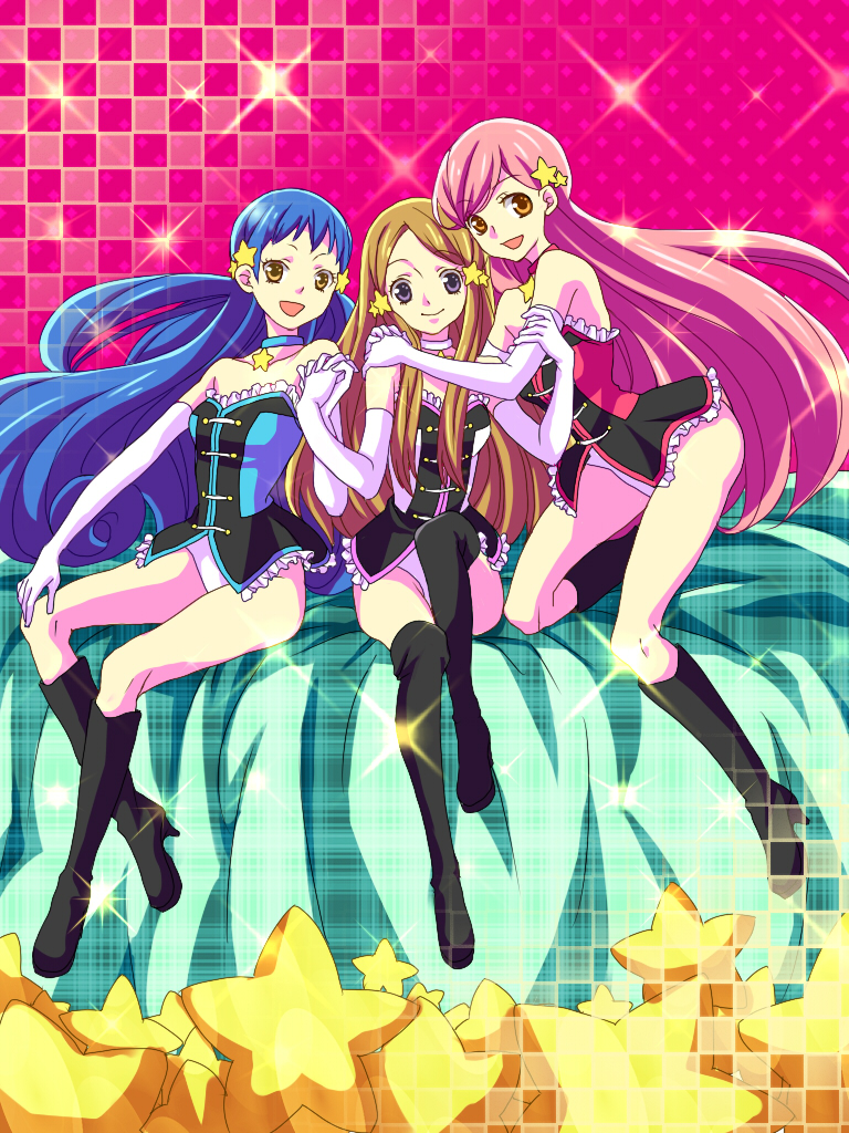 10s, 3girls, bare_shoulders, blue_hair, boots, brown_hair, collar, elbow_gloves, gloves, hair_ornament, hairclip, holding_hands, isora_hibari, long_hair, long_legs, mawaru_penguindrum, multiple_girls, open_mouth, pink_hair, smile, star_(symbol), takakura_himari, thigh_boots, thighhighs, utada_hikari, very_long_hair, white_gloves, yuzucha