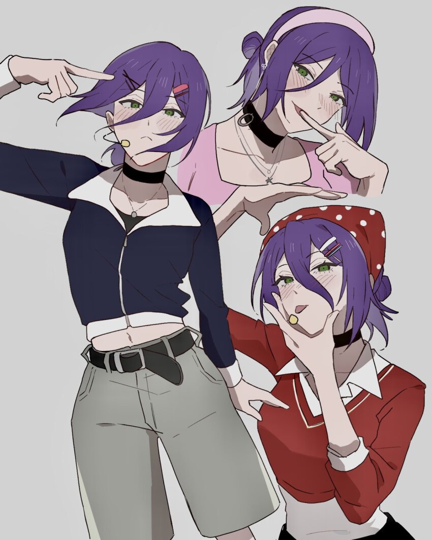 1girl, alternate_costume, belt, black_belt, black_choker, black_jacket, black_shirt, blush