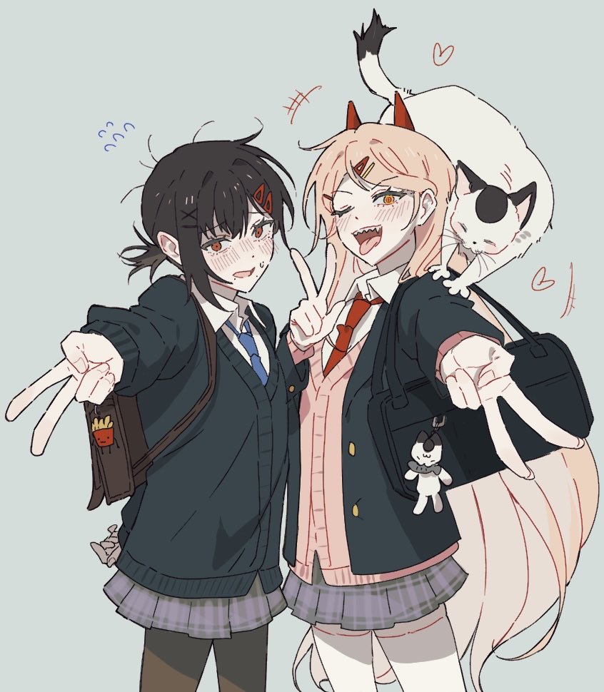 2girls, animal, animal_on_shoulder, bag, black_bag, black_pantyhose, blue_necktie, blush