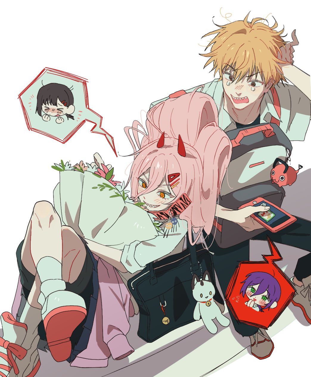 >_<, 1boy, 3girls, backpack, bag, black_pants, black_shoes, blonde_hair