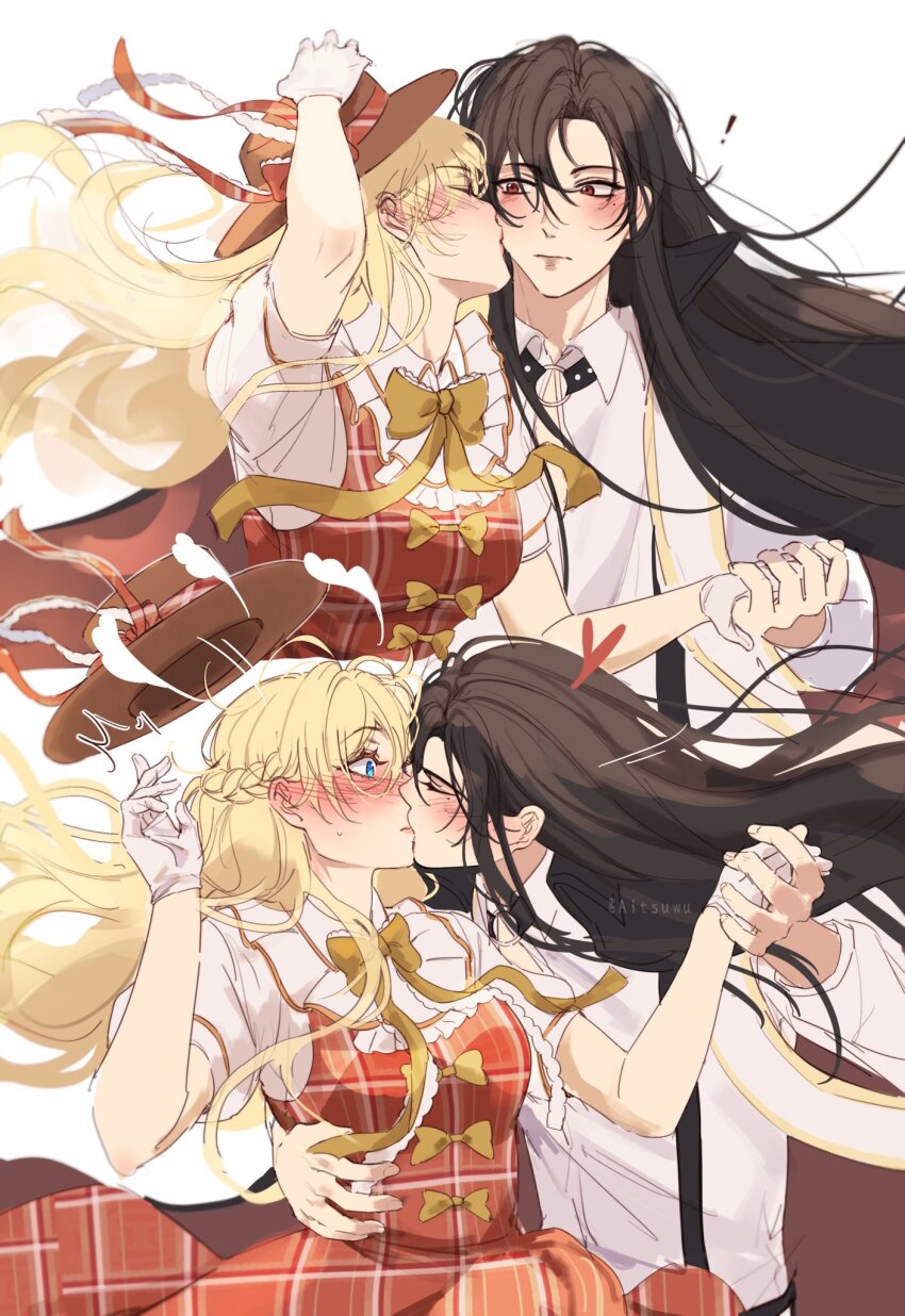 aitsuwu, athanasia_de_alger_obelia, black_hair, blonde_hair, blush, collared_shirt, couple, frills, highres, holding_another's_waist, holding_hands, kiss, kissing_cheek, long_hair, lucas_(who_made_me_a_princess), shirt, watermark, who_made_me_a_princess