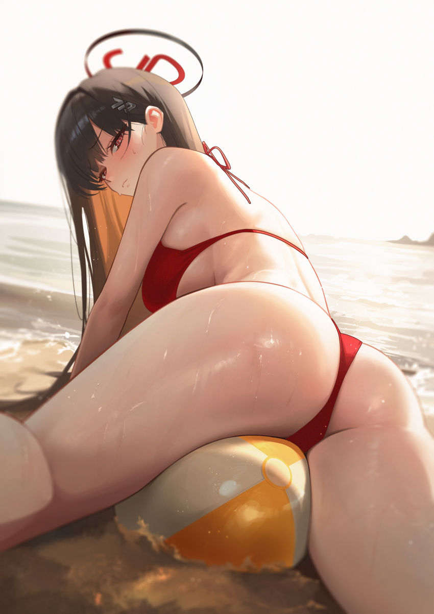 1girl, all_fours, ass, ass_focus, ball, beach, beachball, between_thighs, bikini, black_hair, blue_archive, breasts, bright_pupils, commentary, daehoak, english_commentary, from_behind, hair_behind_ear, hair_ornament, hairclip, halo, highres, large_breasts, long_hair, looking_at_viewer, looking_back, outdoors, red_bikini, red_eyes, rio_(blue_archive), solo, swimsuit, thighs, water, wet, white_pupils
