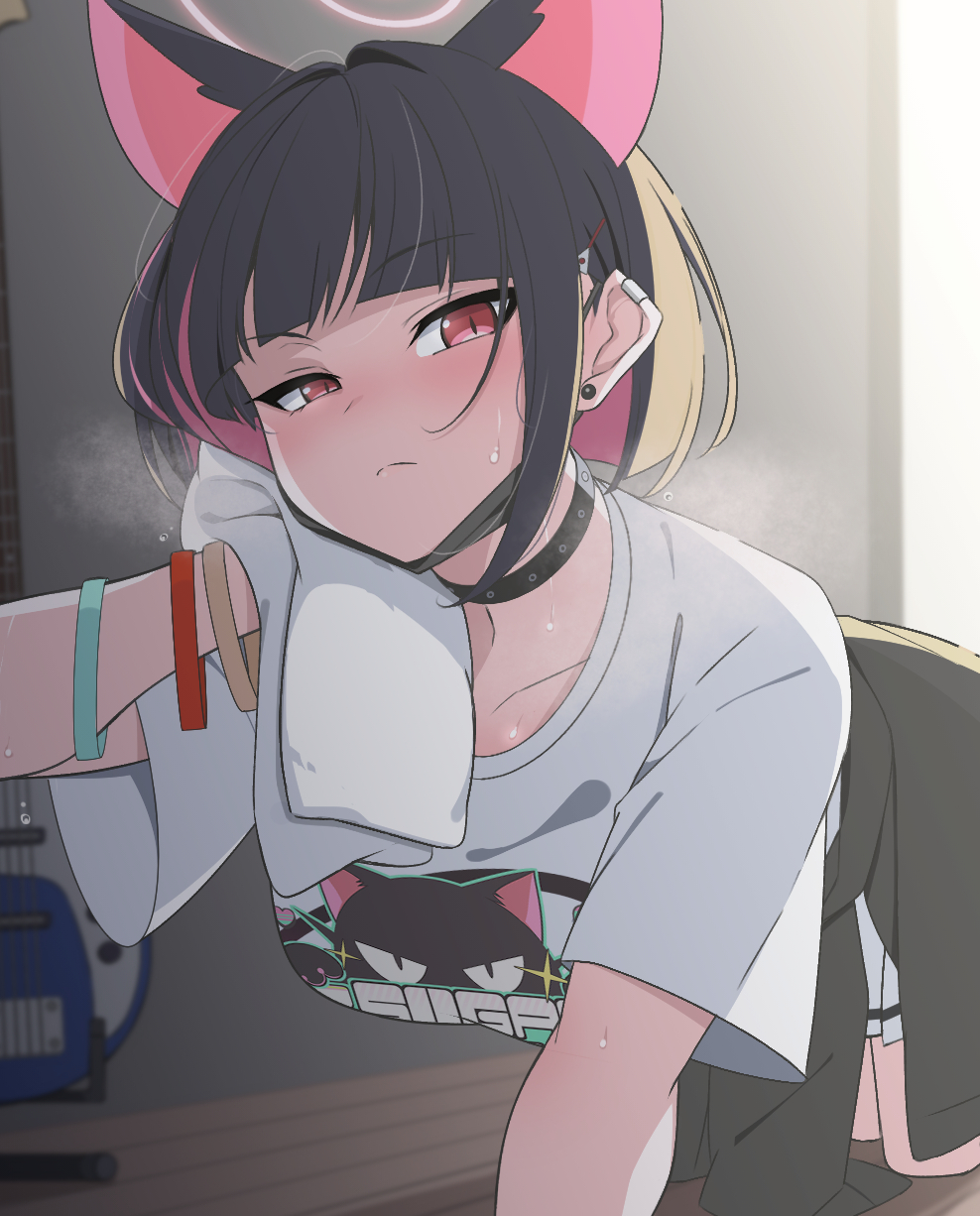 1girl, all_fours, animal_ears, backlighting, black_choker, black_hair, blue_archive, blush