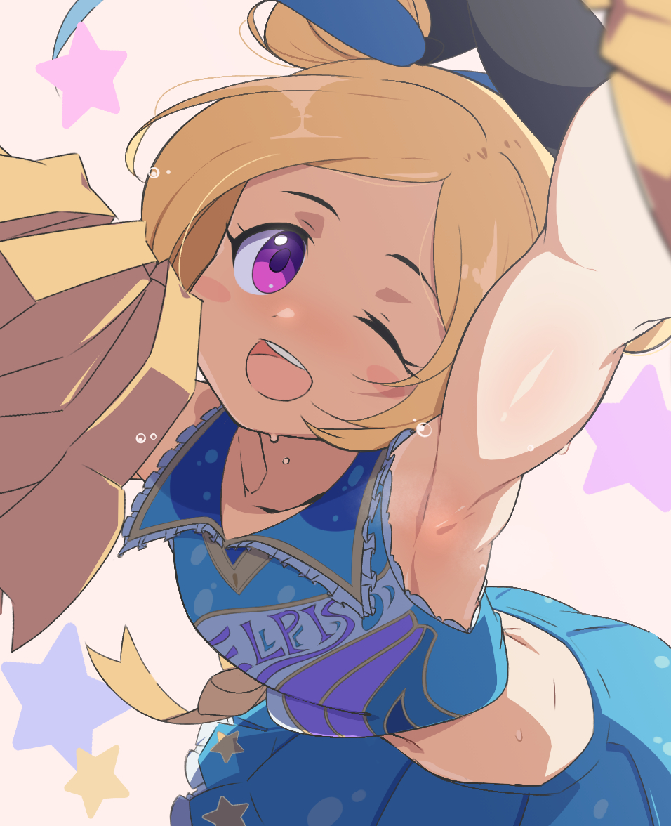 1girl, arm_up, armpits, blush, cheerleader, collar, commentary_request, double_bun