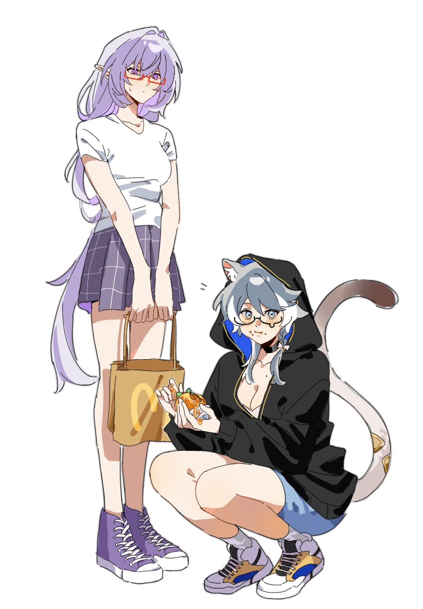 2girls, alternate_costume, animal_ear_fluff, animal_ears, bag, blue_eyes, breasts, burger, castorice_(honkai:_star_rail), cat_ears, cat_girl, cat_tail, cipher_(honkai:_star_rail), cleavage, eating, food, full_body, glasses, grey_hair, hashtag-only_commentary, highres, holding, holding_bag, holding_burger, holding_food, honkai:_star_rail, honkai_(series), hood, hoodie, kabokwa, long_hair, medium_breasts, mole, multiple_girls, pointy_ears, purple_eyes, purple_hair, shirt, shoes, shorts, skirt, squatting, tail, teardrop-framed_glasses, white_background, white_streaks