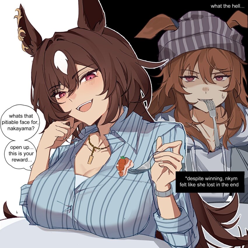 2girls, :d, animal_ears, beanie, blue_shirt, breasts, brown_hair, cleavage, collared_shirt, commentary, drawstring, ears_down, english_commentary, english_text, food, fork, fruit, grey_hoodie, hair_between_eyes, hat, highres, holding, holding_fork, hood, hoodie, horse_ears, horse_girl, jenn_(sinclairfan1), jewelry, large_breasts, long_hair, long_sleeves, looking_at_viewer, mouth_hold, multicolored_hair, multiple_girls, nakayama_festa_(casual)_(umamusume), nakayama_festa_(umamusume), necklace, open_mouth, purple_eyes, shirt, sirius_symboli_(casual)_(umamusume), sirius_symboli_(umamusume), smile, speech_bubble, strawberry, striped_clothes, striped_shirt, teeth, teeth_hold, two-tone_hair, umamusume, upper_teeth_only, utensil_in_mouth, watch, white_hair, wristwatch