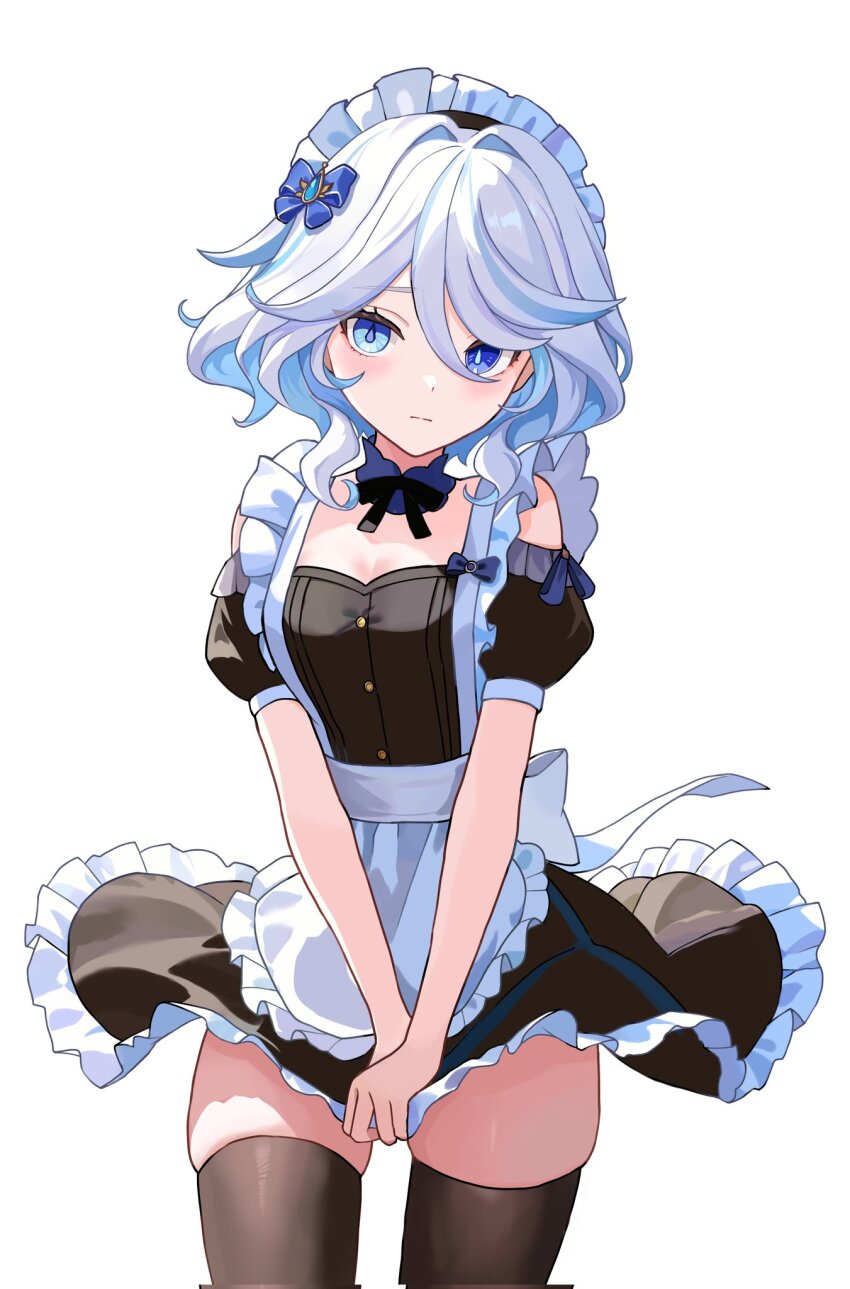 1girl, alternate_costume, apron, black_dress, black_thighhighs, blue_bow, blue_eyes, blue_pupils, blue_streaks, blush, bow, closed_mouth, commentary, corrupted_twitter_file, covering_crotch, covering_privates, dress, dress_tug, drop-shaped_pupils, enmaided, frilled_apron, frilled_hairband, frills, furina_(genshin_impact), genshin_impact, hair_between_eyes, hair_bow, hairband, hashtag-only_commentary, heterochromia, highres, kima_(jp4g6kfhb842057), looking_at_viewer, maid, maid_headdress, medium_hair, multicolored_hair, solo, streaked_hair, symbol-shaped_pupils, thighhighs, white_apron, white_hair, white_hairband
