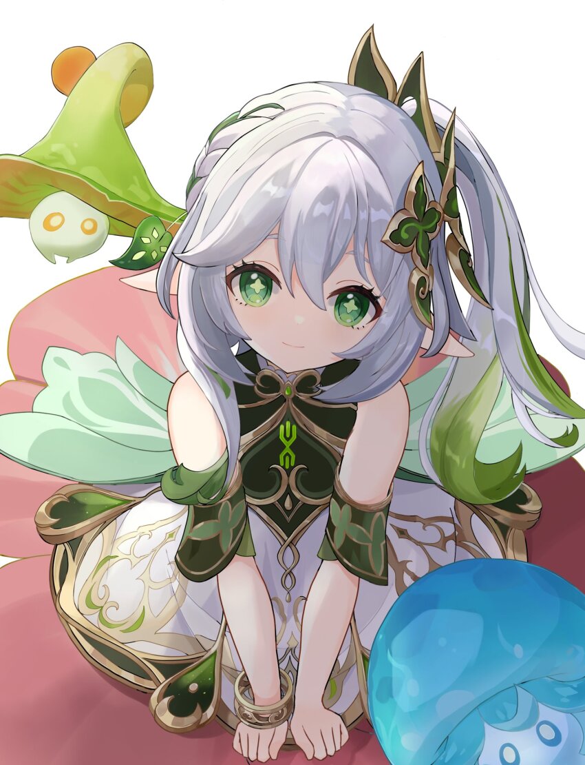 1girl, bare_shoulders, bracelet, cape, closed_mouth, commentary, detached_sleeves, dress