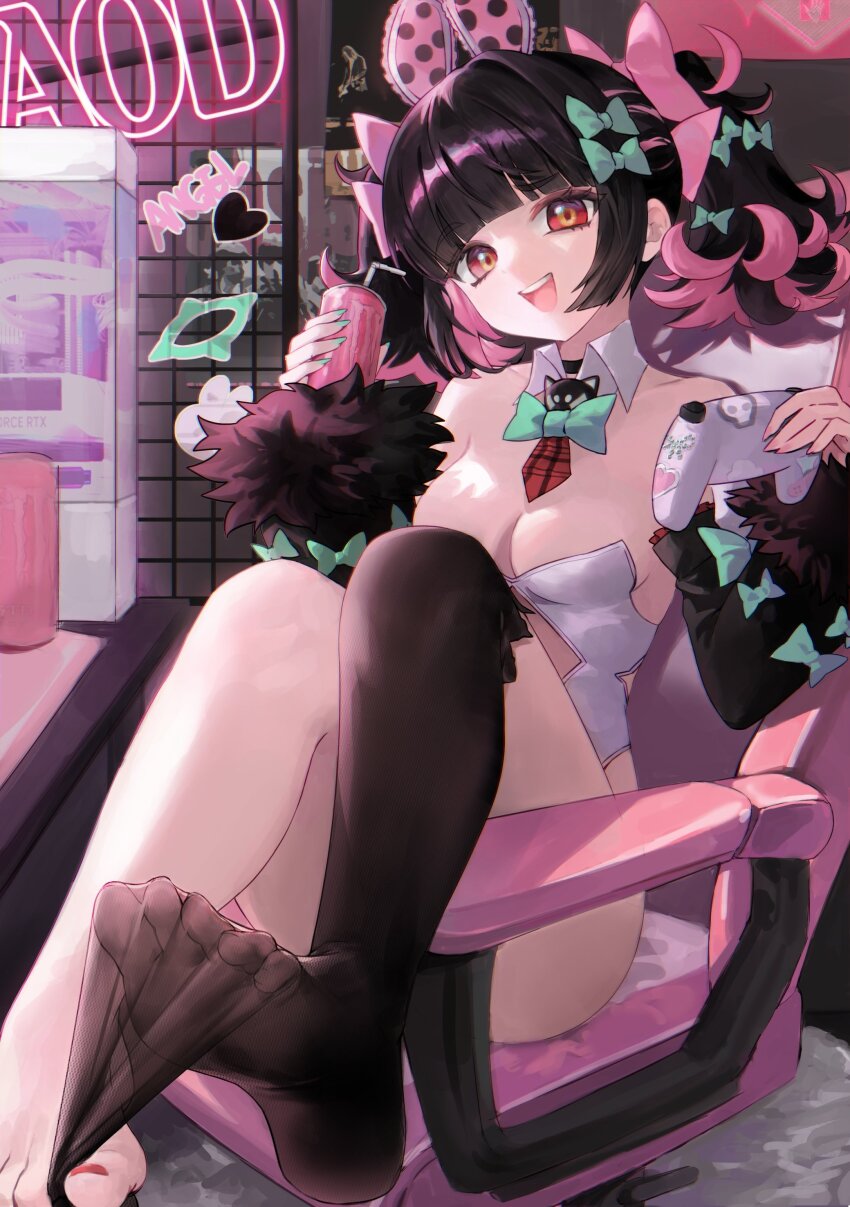 1girl, absurdres, alternate_costume, animal_ear_hairband, animal_ears, bare_shoulders, black_hair, black_sleeves