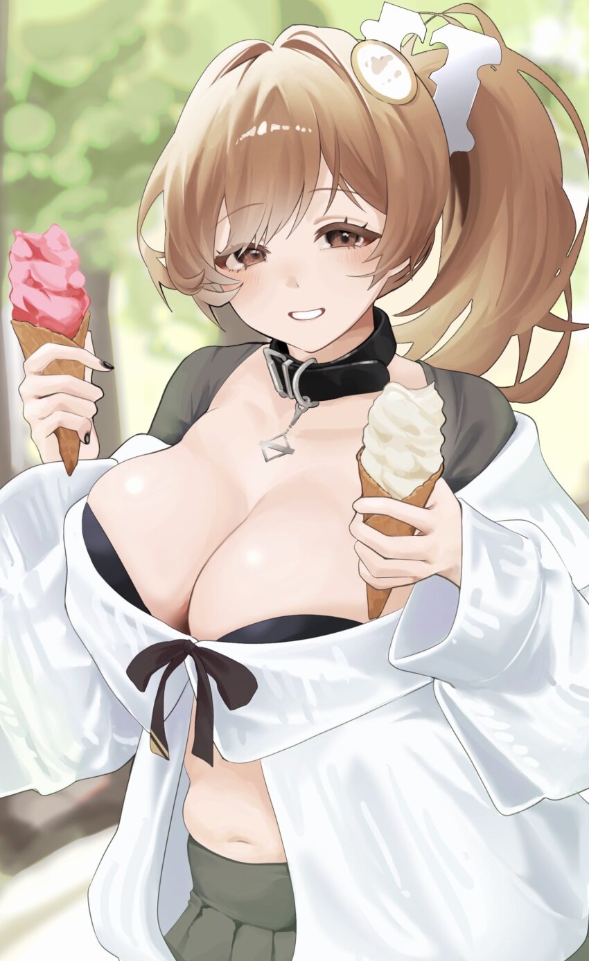1girl, absurdres, belt_collar, black_ribbon, bready_(frosty_bite)_(nikke), bready_(nikke), breasts, brown_eyes, brown_hair, chosmahe, cleavage, collar, food, goddess_of_victory:_nikke, highres, holding, holding_food, holding_ice_cream, ice_cream, jacket, large_breasts, looking_at_viewer, navel, official_alternate_costume, official_alternate_hairstyle, outdoors, plump, ponytail, ribbon, solo, stomach, tree, white_jacket