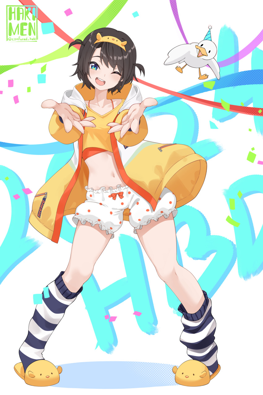 1girl, ;d, absurdres, animal_slippers, bird, black_hair, black_socks, bloomers