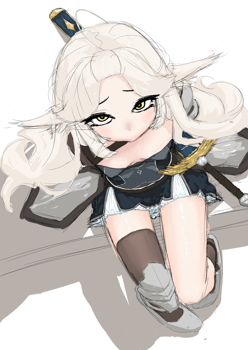 1girl, absurdres, ahoge, armor, breasts, cleavage, forehead, from_above