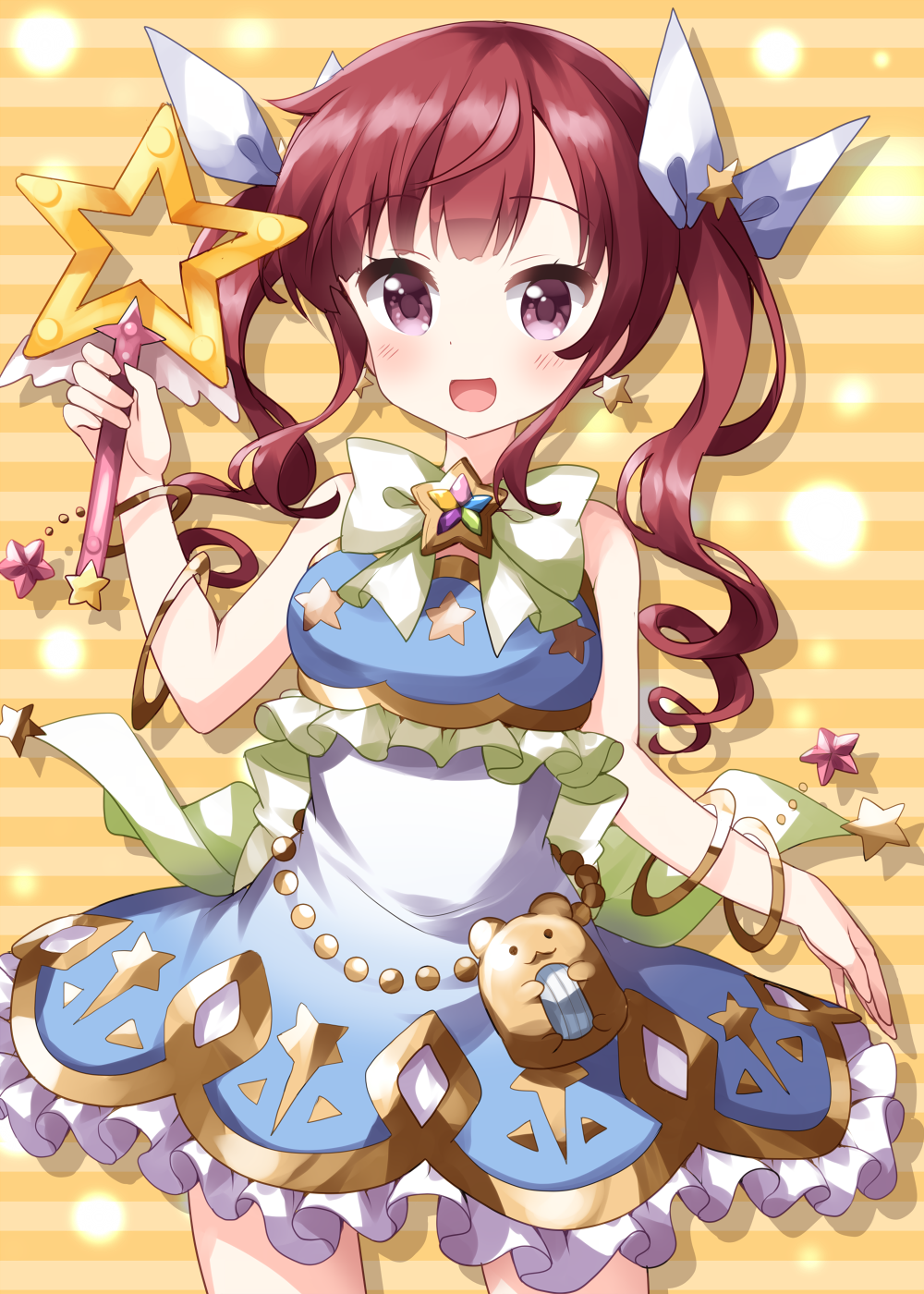 1girl, :d, bare_shoulders, blush, bow, bowtie, bracelet, comic_girls, commentary_request, cowboy_shot, dress, drop_shadow, earrings, frilled_dress, frills, hair_ribbon, highres, holding, holding_wand, irokawa_miki, jewelry, long_hair, looking_at_viewer, open_mouth, red_eyes, red_hair, ribbon, ruu_(tksymkw), sleeveless, sleeveless_dress, smile, solo, star_(symbol), star_earrings, star_wand, striped_background, twintails, wand, white_bow, white_bowtie, white_ribbon, yellow_background