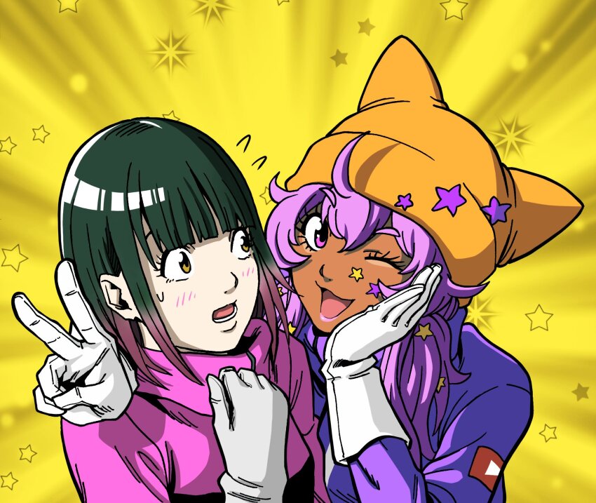 2girls, arm_around_shoulder, commentary_request, ebetan_(napoli_no_otokotachi), flying_sweatdrops, ganguro, gloves, gradient_hair