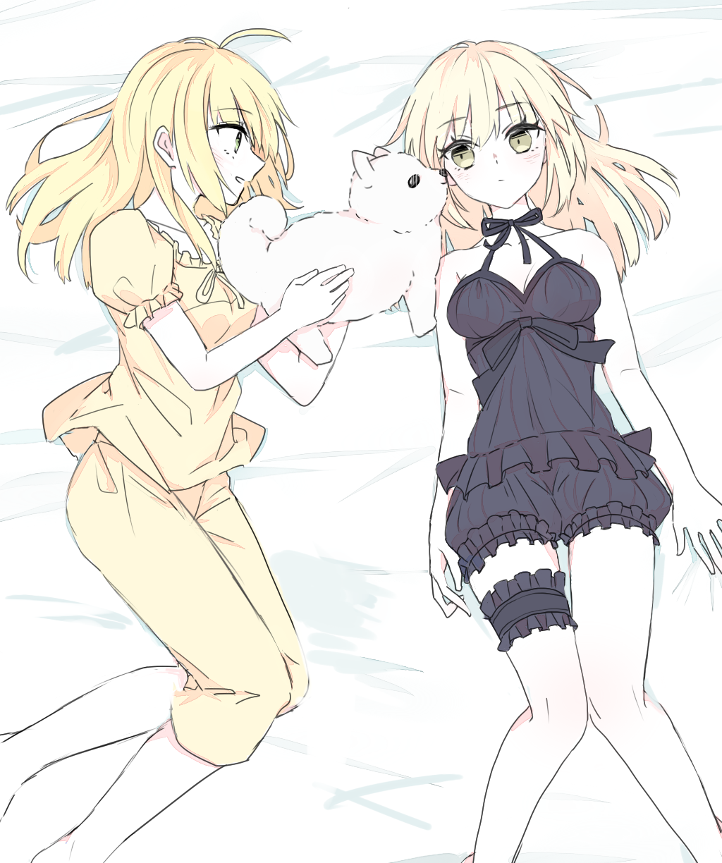2girls, ahoge, artoria_pendragon_(fate), babydoll, black_babydoll, black_bloomers, blaulilie110, blonde_hair, bloomers, breasts, cleavage, commentary_request, expressionless, fate/stay_night, fate_(series), green_eyes, hair_down, highres, holding, holding_stuffed_toy, lying, multiple_girls, on_back, on_side, pajamas, saber_(fate), saber_alter, small_breasts, stuffed_animal, stuffed_dog, stuffed_toy, thigh_strap, underwear, yellow_eyes, yellow_pajamas