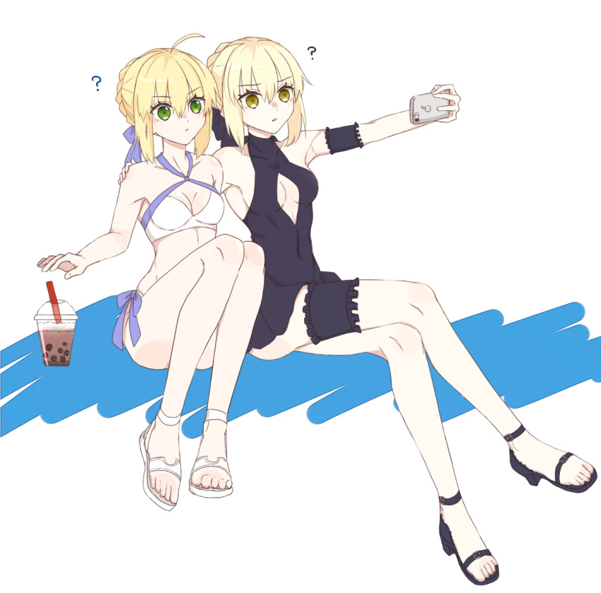 2girls, ?, artoria_pendragon_(fate), bikini, black_one-piece_swimsuit, blaulilie110, blonde_hair, braid