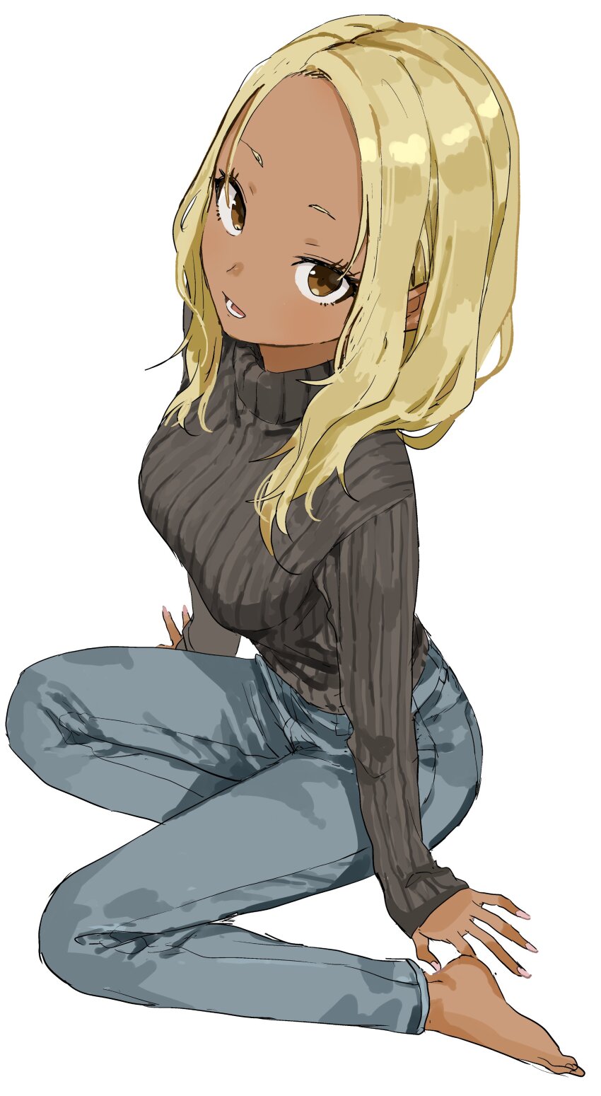 1girl, absurdres, barefoot, black_sweater, blonde_hair, blue_pants, breasts, brown_eyes
