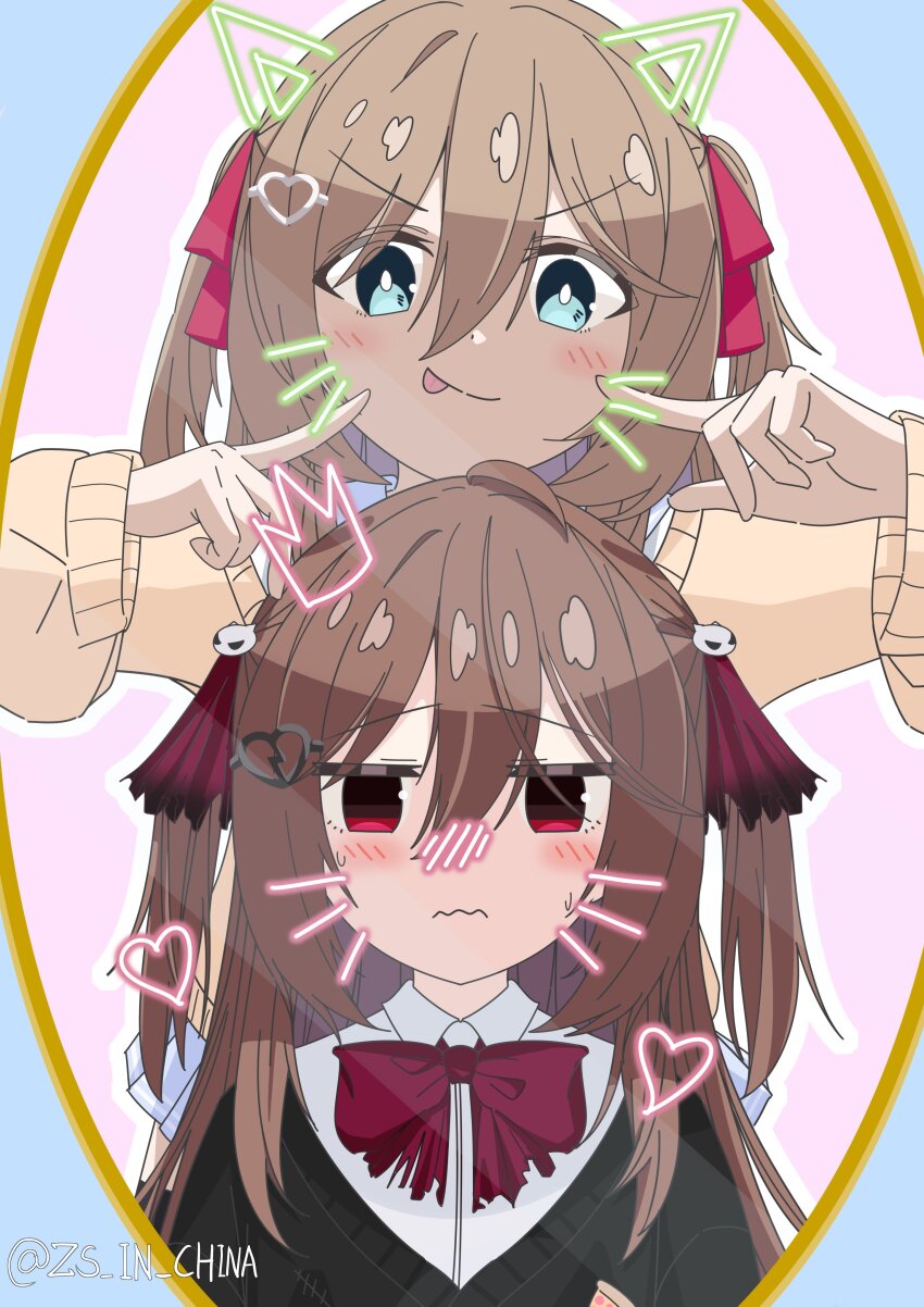 2girls, :p, absurdres, ahoge, animal_ears, black_cardigan, black_thighhighs, blue_border