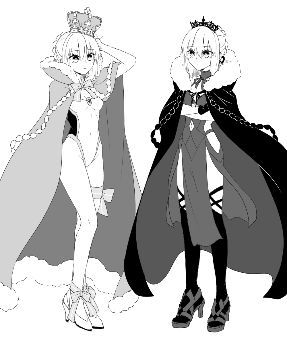 2girls, artoria_pendragon_(fate), blaulilie110, braid, breasts, cape, choker, cleavage