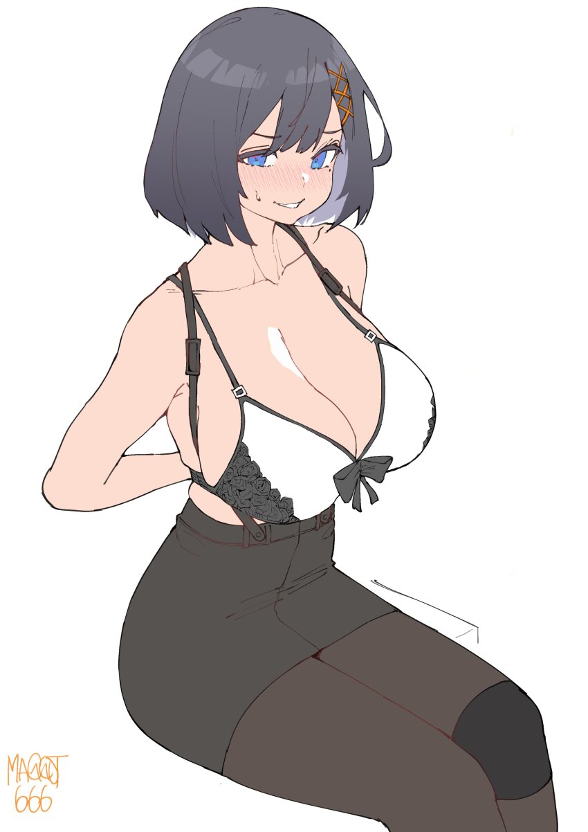 1girl, absurdres, artist_name, bare_shoulders, black_bra, black_hair, black_pantyhose, black_skirt