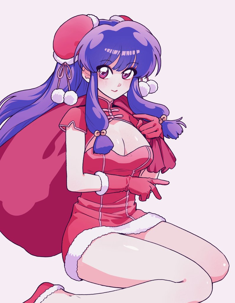 bell, blue_hair, breasts, bun_cover, cleavage, double_bun, dress, fur-trimmed_bun_covers, fur-trimmed_dress, fur-trimmed_gloves, fur-trimmed_shoes, fur_trim, gloves, hair_bell, hair_bun, hair_ornament, hashtag-only_commentary, holding, holding_sack, jigyeon, jingle_bell, long_hair, looking_at_viewer, pom_pom_(clothes), ranma_1/2, red_dress, red_gloves, red_shoes, sack, santa_costume, santa_dress, shampoo_(ranma_1/2), shoes, sidelocks, simple_background, sitting, wariza, white_background