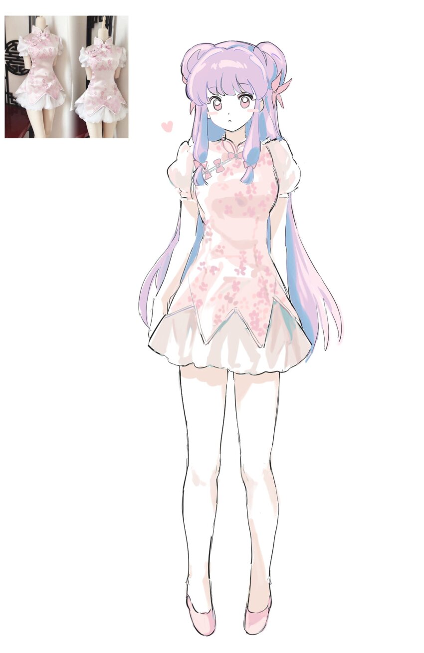 1girl, 88_77k, absurdres, alternate_costume, commentary, double_bun, dress, full_body, hair_bun, heart, highres, long_hair, looking_at_viewer, photo-referenced, pink_dress, pink_eyes, pink_shoes, print_dress, puffy_short_sleeves, puffy_sleeves, purple_hair, ranma_1/2, reference_inset, shampoo_(ranma_1/2), shoes, short_sleeves, sidelocks, solo, untranslatable_commentary