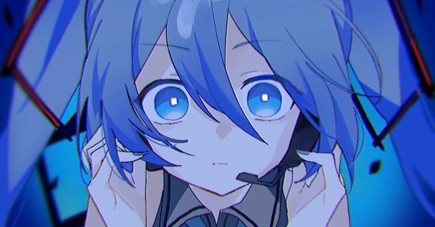 1girl, bare_shoulders, blue_eyes, blue_hair, blue_nails, blue_theme, bright_pupils, close-up