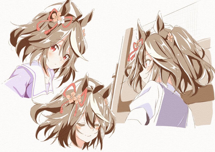 1girl, ahoge, animal_ears, black_hair, blush, closed_eyes, closed_mouth, cropped_shoulders