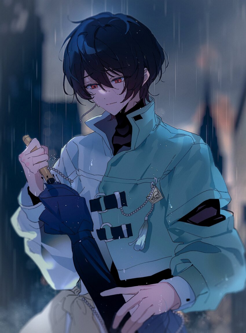 1boy, beads, black_hair, black_shirt, blue_shirt, commentary_request, eichi_turnr, ensemble_stars!, closed_umbrella, hair_between_eyes, hand_up, highres, holding, holding_umbrella, korean_commentary, lancetta_(ensemble_stars!), layered_clothes, long_sleeves, male_focus, official_alternate_costume, outdoors, puffy_long_sleeves, puffy_sleeves, rain, red_eyes, sakuma_ritsu, shirt, sleeve_slit, solo, tassel, two-tone_shirt, umbrella, upper_body, wet, white_shirt