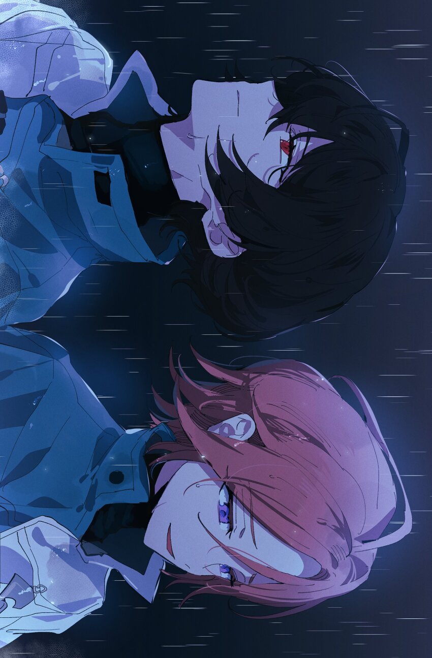2boys, absurdres, black_hair, black_shirt, blue_shirt, buttons, eichi_turnr, ensemble_stars!, highres, lancetta_(ensemble_stars!), layered_clothes, looking_to_the_side, male_focus, multiple_boys, official_alternate_costume, open_mouth, oukawa_kohaku, outdoors, pink_hair, portrait, purple_eyes, rain, red_eyes, sakuma_ritsu, shirt, sideways, two-tone_shirt, upper_body, wet, white_shirt