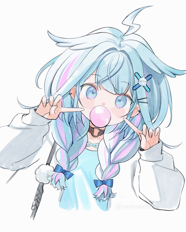 1girl, ahoge, black_choker, blowing_bubble_gum, blue_bow, blue_eyes, blue_hair, blue_shirt