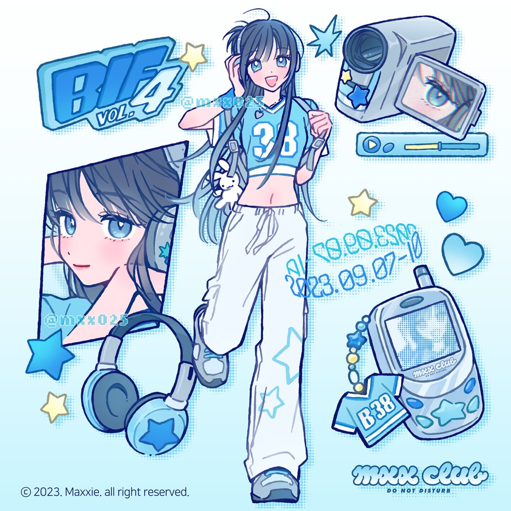 1girl, bead_charm, black_hair, blue_eyes, blue_shirt, blue_theme, bright_pupils, camcorder, cellphone, cellphone_charm, charm_(object), commentary_request, fashion, flip_phone, full_body, grey_shoes, headphones, heart, korean_commentary, long_hair, looking_at_viewer, midriff, multiple_views, mxx025, number_print, original, pants, phone, print_pants, print_shirt, shirt, shoes, smile, sneakers, solo_focus, star_(symbol), star_print, stuffed_animal, stuffed_rabbit, stuffed_toy, unworn_headphones, video_camera, white_pants, white_pupils, wishcore, y2k_fashion
