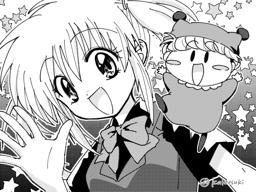 1boy, 1girl, blunt_bangs, blush_stickers, bow, bowtie, dutch_angle, greyscale, hashtag-only_commentary, highres, kalotsuki, looking_at_viewer, minami_kaede, mini_person, mirumo, mirumo_de_pon!, monochrome, open_mouth, short_sleeves, sidelocks, smile, star_(symbol), twintails, twitter_username, vest, waving