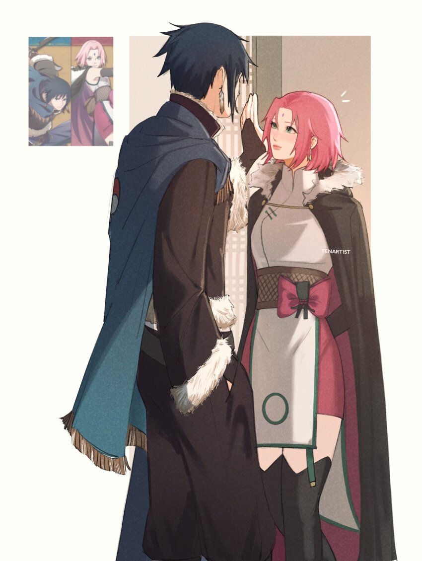 1boy, 1girl, arms_behind_back, artist_name, black_boots, black_bridal_gauntlets, black_cape, black_hair