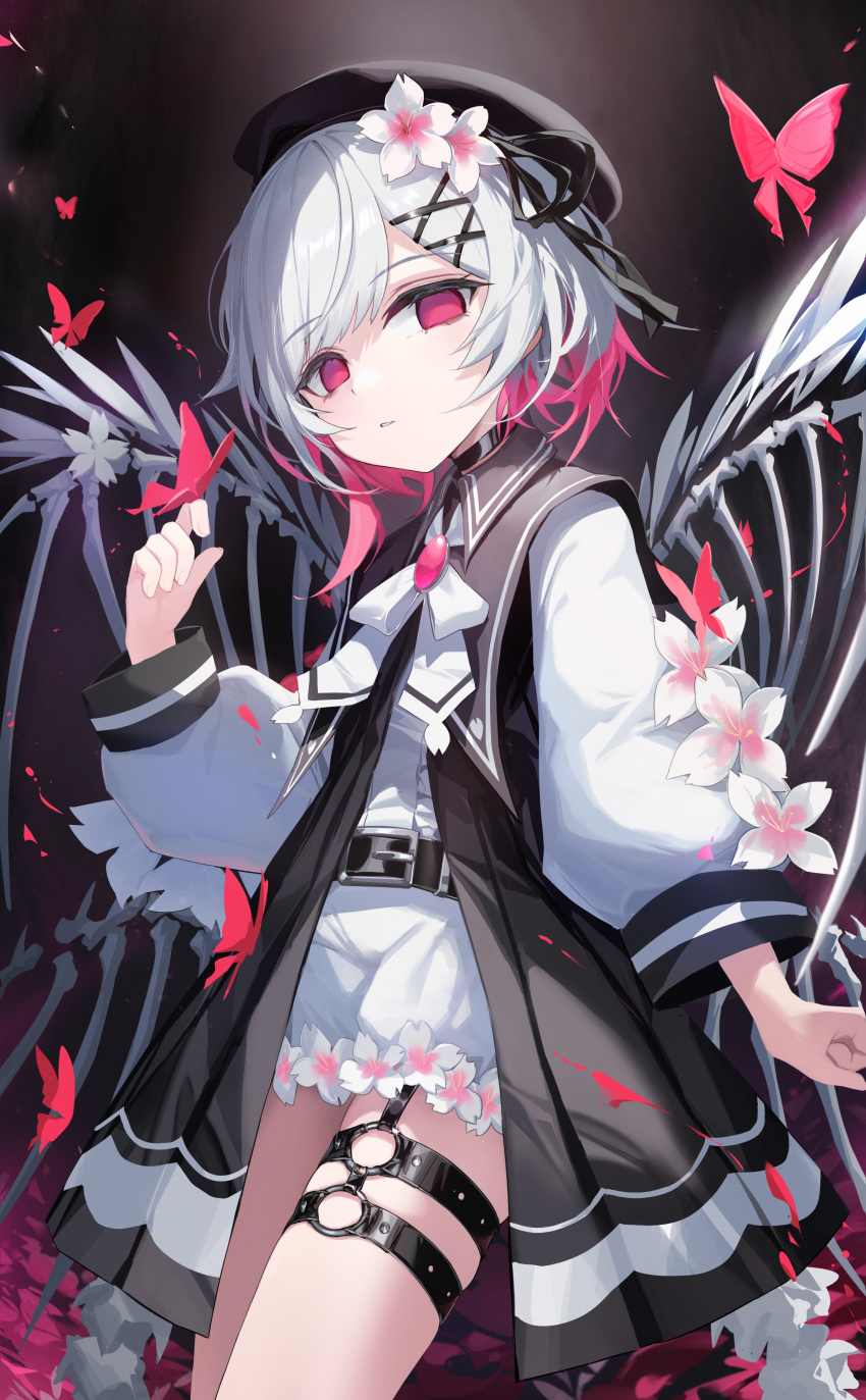 1girl, absurdres, belt, beret, black_background, black_belt, black_dress, black_hat