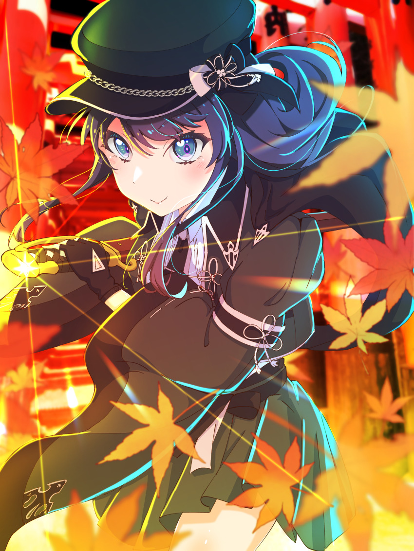 >:), 1girl, absurdres, autumn_leaves, black_gloves, black_hat, black_necktie, black_skirt